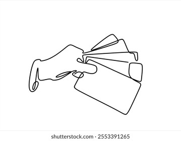 One continuous line. The hand holds a banknote. Money signs. Banknote in hand. Paper money. Hand palm. One continuous line drawn isolated, white background.