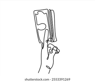 One continuous line. The hand holds a banknote. Money signs. Banknote in hand. Paper money. Hand palm. One continuous line drawn isolated, white background.