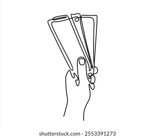 One continuous line. The hand holds a banknote. Money signs. Banknote in hand. Paper money. Hand palm. One continuous line drawn isolated, white background.