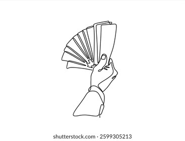 One continuous line. The hand holds a banknote. Money signs. Banknote in hand. Paper money. Hand palm. One continuous line drawn isolated, white background.	