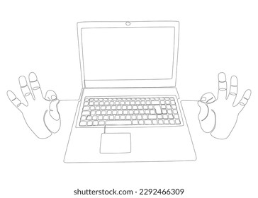 Una línea de mano continua con Laptop. Concepto vectorial de Ilustración de líneas delgadas. Contour Drawing Ideas Creativas.