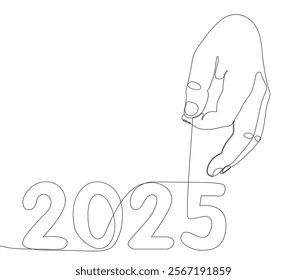 One continuous line of hand with number 2025. Thin Line Illustration vector concept. Contour Drawing Creative ideas.