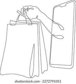 One continuous line. Hand with packages. Hand with purchases on the smartphone screen. Mobile sale. Hand with bags. One continuous line drawn isolated, white background.