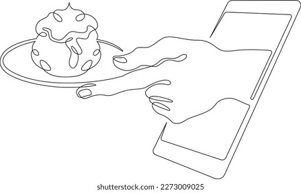 One continuous line. Hand with a plate. Hand with dessert from smartphone screen. Cake on a plate. Food delivery mobile app.One continuous line drawn isolated, white background.