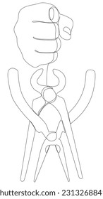 One continuous line of hand with Pliers, Tongs. A hand tool used to hold objects securely. Thin Line Illustration vector concept. Contour Drawing Creative ideas.