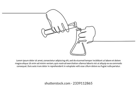 One continuous line of the hand pouring liquid to the chemical tube. Decorative elements are drawn on a white background.