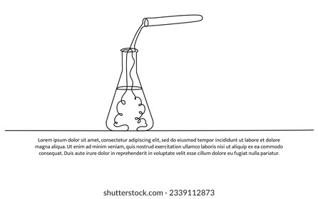 Eine durchgehende Linie der Hand, die Flüssigkeit in das chemische Rohr gießt. Dekorative Elemente sind auf weißem Hintergrund gezeichnet.