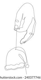 One continuous line of hand with Santa Claus Hat. Thin Line Christmas Illustration vector concept. Contour Drawing Creative Holiday ideas.