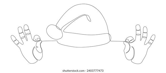 Una línea de mano continua con el Sombrero de Santa Claus. Concepto vectorial de Ilustración de Navidad en Línea delgada. Contorno Dibujar ideas de vacaciones creativas.