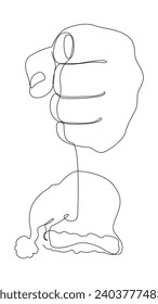 One continuous line of hand with Santa Claus Hat. Thin Line Christmas Illustration vector concept. Contour Drawing Creative Holiday ideas.