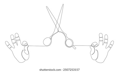 Eine durchgehende Handlinie mit Schere. Dünne Linie Illustration Vektorkonzept. Kontur Zeichnung Kreative Ideen.