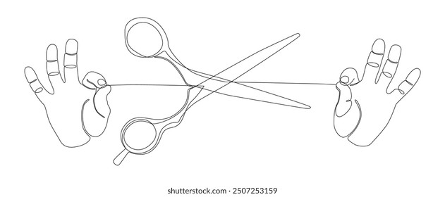 Una línea continua de mano con tijera. Concepto de Vector de ilustración de línea delgada. Contour Dibujo Ideas creativas.