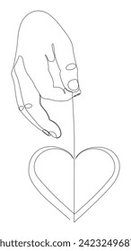 One continuous line of hand showing heart shape. Thin Line Illustration vector Valentine's Day concept. Contour Drawing Creative ideas.