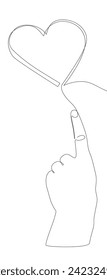 One continuous line of hand showing heart shape. Thin Line Illustration vector Valentine's Day concept. Contour Drawing Creative ideas.