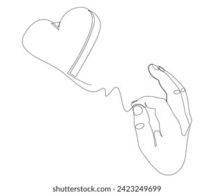Una línea continua de la mano que muestra la forma del corazón. Ilustración delgada vectorial del Día de San Valentín. Contour Drawing Ideas Creativas.
