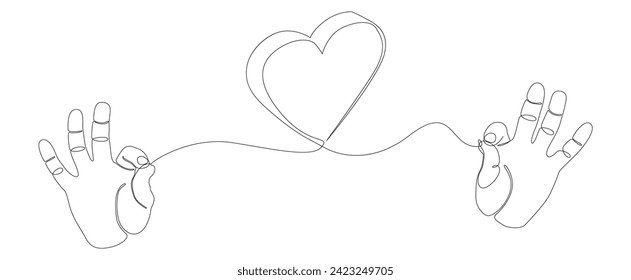 One continuous line of hand showing heart shape. Thin Line Illustration vector Valentine's Day concept. Contour Drawing Creative ideas.