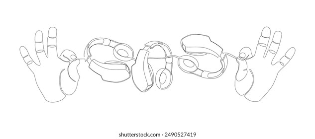 One continuous line of hand showing Headphones. Thin Line Illustration vector concept. Contour Drawing Creative ideas.