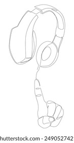 Eine durchgehende Handzeile mit Kopfhörern. In: Thin Line Illustration Vektorgrafik Concept. Konturzeichnung Kreative Ideen.