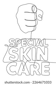 Una línea de mano continua con la palabra de Cuidado de la piel especial. Concepto vectorial de Ilustración de líneas delgadas. Contour Drawing Ideas Creativas.
