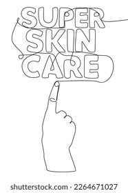 One continuous line of hand with Super Skin Care word. Thin Line Illustration vector concept. Contour Drawing Creative ideas.