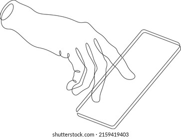 Una línea continua. La mano toca la pantalla del smartphone. Usar el dispositivo manualmente. Golpee la pantalla con el dedo. Una línea continua dibujada aislada, fondo blanco.