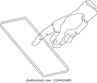 Una línea continua. La mano toca la pantalla del smartphone. Usar el dispositivo manualmente. Golpee la pantalla con el dedo. Una línea continua dibujada aislada, fondo blanco.