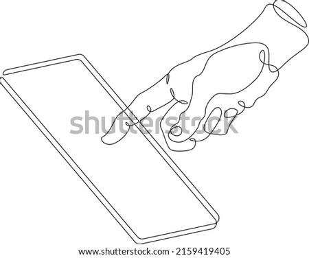 One continuous line.The hand touches the smartphone screen. Using the device manually. Tap the screen with your finger. One continuous line drawn isolated, white background.