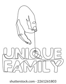 One continuous line of hand with Unique Family word. Thin Line Illustration vector concept. Contour Drawing Creative ideas.