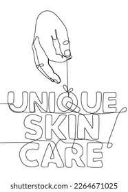 One continuous line of hand with Unique Skin Care word. Thin Line Illustration vector concept. Contour Drawing Creative ideas.