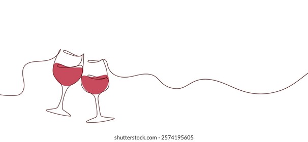 One continuous line of hand-drawn glasses of wine cheering isolated on a white background.