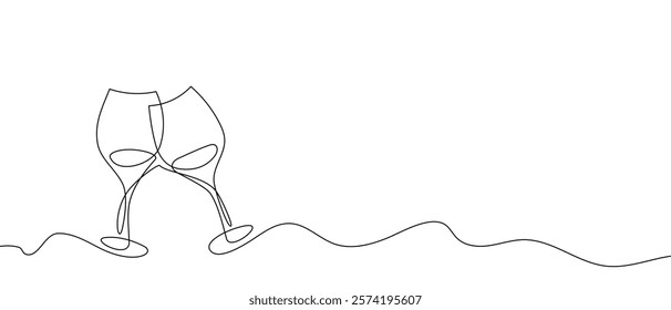 One continuous line of hand-drawn glasses of wine cheering isolated on a white background.