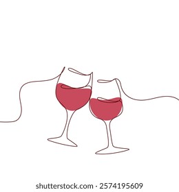 One continuous line of hand-drawn glasses of wine cheering isolated on a white background.