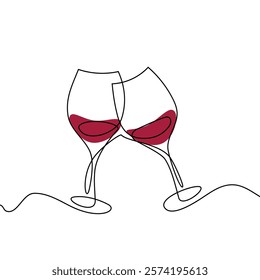 One continuous line of hand-drawn glasses of wine cheering isolated on a white background.