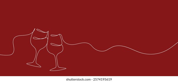 One continuous line of hand-drawn glasses of wine cheering isolated on a red background.