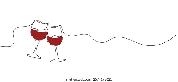 One continuous line of hand-drawn glasses of wine cheering isolated on a white background.