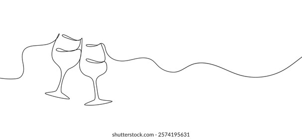 One continuous line of hand-drawn glasses of wine cheering isolated on a white background.