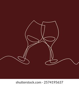 One continuous line of hand-drawn glasses of wine cheering isolated on a red background.