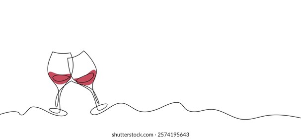 One continuous line of hand-drawn glasses of wine cheering isolated on a white background.