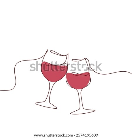 One continuous line of hand-drawn glasses of wine cheering isolated on a white background.