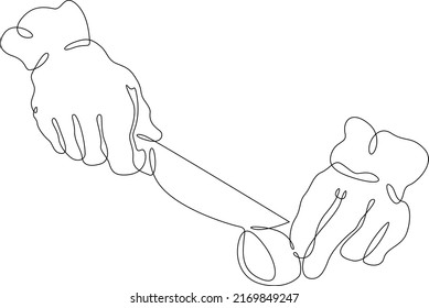 One continuous line.The hands of the cook. The cook cuts food with a knife. Chopped vegetables. The chef is cutting with a knife. One continuous line is drawn on a white background.