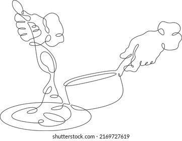Una línea continua. Las manos del cocinero. Comida cocida en una cacerola. Comida en un plato. El chef se encarga de preparar la comida. Una línea continua se dibuja sobre un fondo blanco.