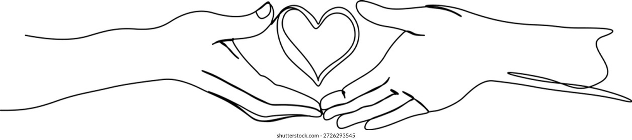 Una Línea Continua Manos Sosteniendo El Corazón. Dos manos intercambiando corazón continuo una línea de dibujo de arte.