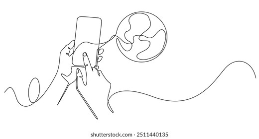 one continuous line of hands touching the cellphone and the world.one line drawing of technology opening world information with cellphones.exploring the world with cellphones.single line vector