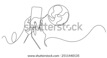 one continuous line of hands touching the cellphone and the world.one line drawing of technology opening world information with cellphones.exploring the world with cellphones.single line vector