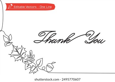 One continuous line of handwritten Thank You letter with left corner autumn leaves decoration. Vector illustration of Thank You lettering with autumn celebration for greeting card.