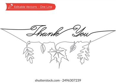 One continuous line of handwritten Thank You letter with hanging autumn leaves decoration for greeting card. Vector illustration of writing Thank You and drawing autumn leaves in one simple sketch.