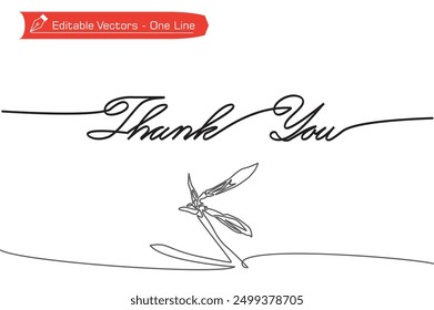 One continuous line of handwritten Thank You letter decorated with amaryllis flower buds. Vector illustration of one line writing Thank you and amaryllis flowers for greeting card and celebration.