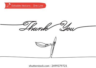 One continuous line of handwritten Thank You letter with amaryllis flower bud decoration. Vector illustration of a simple line saying Thank You and amaryllis flowers for a celebration greeting card.