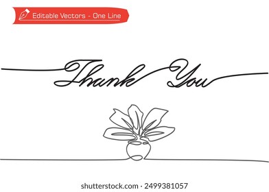 One continuous line of handwritten Thank You letter with decorative potted plants. Vector illustration of a simple line saying Thank You and a plant in a pot for a celebration greeting card.