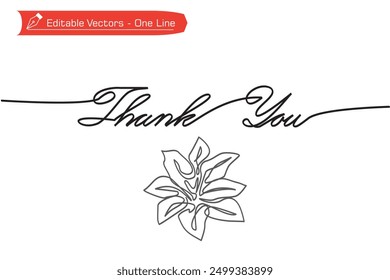 One continuous line of handwritten Thank You letters and decorative blooming houseplants. Vector illustration of simple line writing Thank you and blooming leaves for greeting cards and celebration.